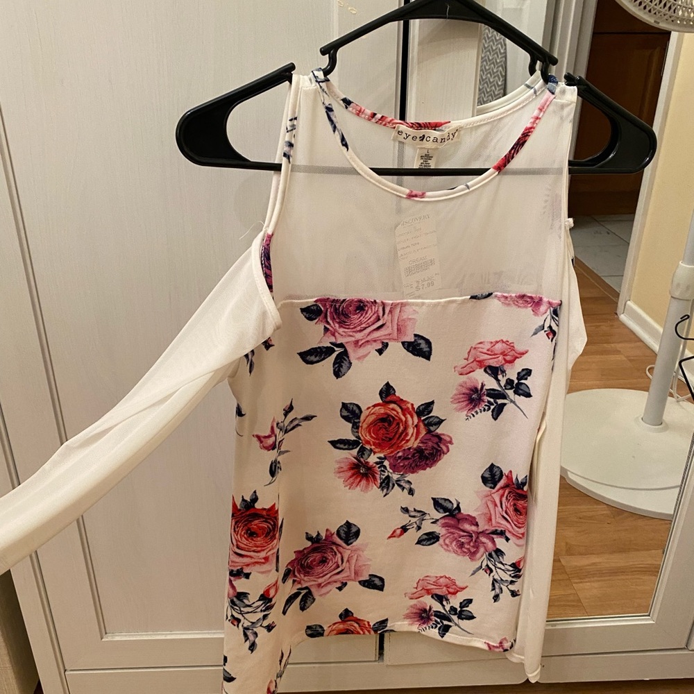*NEVER WORN* Cold shoulder, mesh sleeved, white with pink and blue floral print